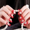 Red Flower Beads False Nail Tips Wedding Fake Nails Long Nails Full Cover Nail Art Decoration Fake Nails